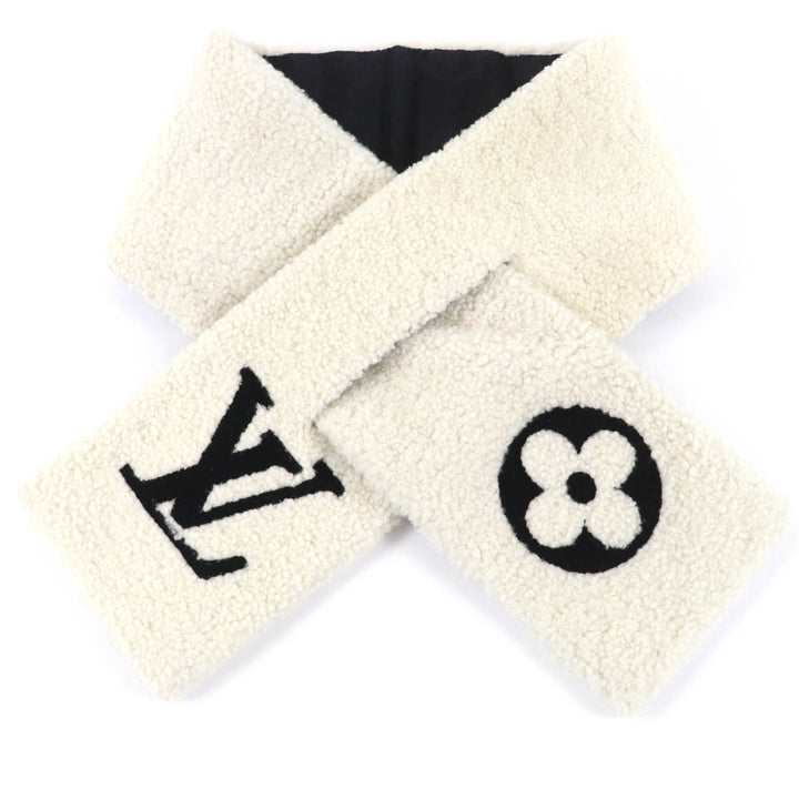 Great LOUIS VUITTON Scarf LV logo shearling mouton Ivory Sheep leather M77054