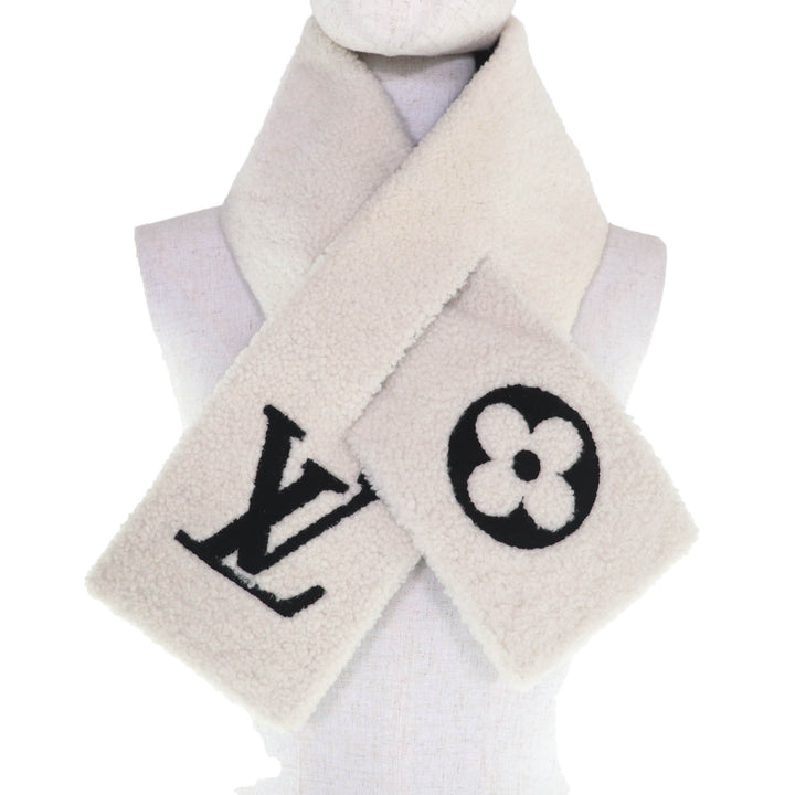 Great LOUIS VUITTON Scarf LV logo shearling mouton Ivory Sheep leather M77054
