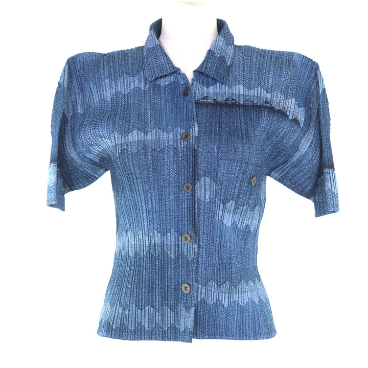 Excellent PLEATS PLEASE Short sleeve shirt blue polyester Women 3 PP12-JJ522