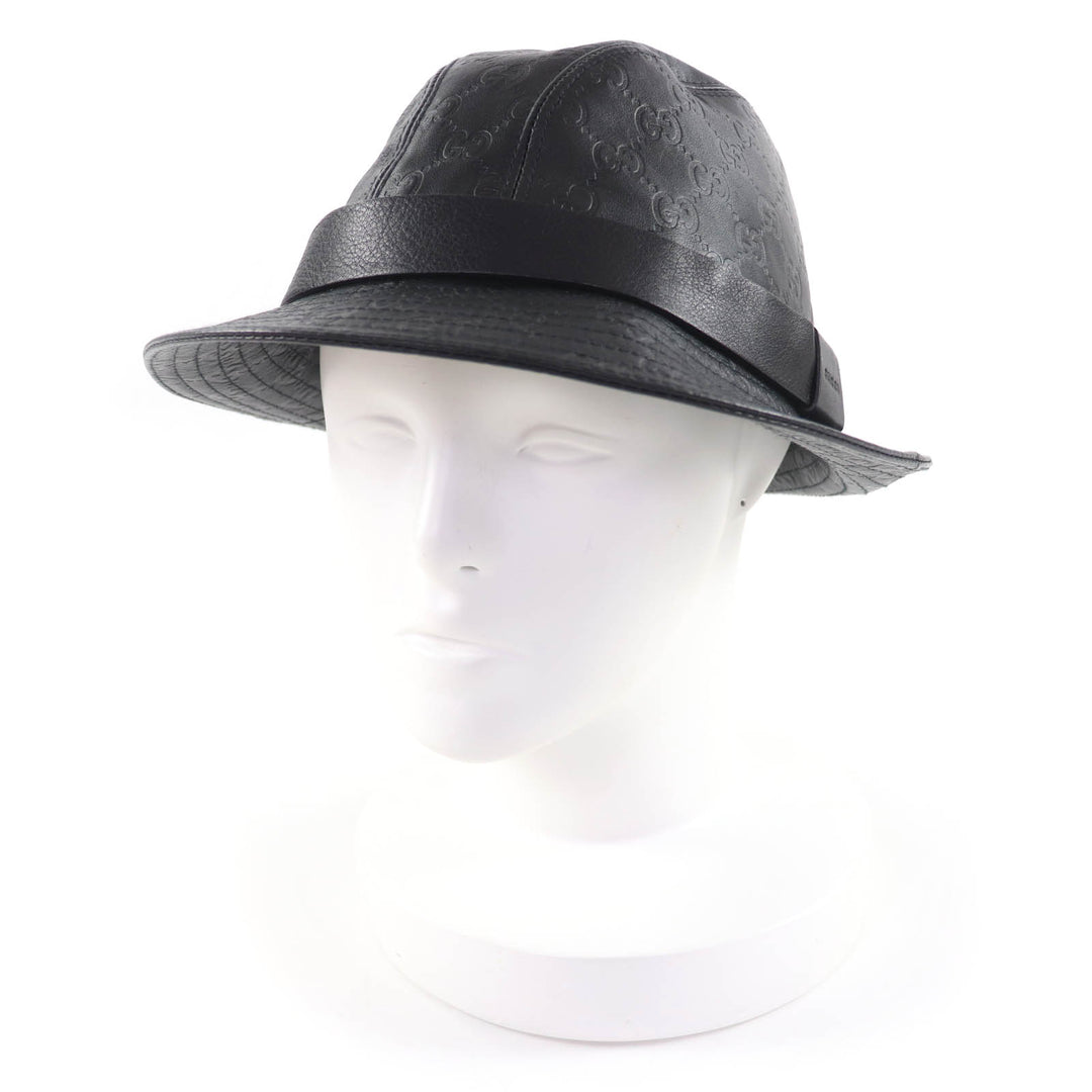 Excellent GUCCI hat Guccissima GGPattern Leather black Cowhide Women L 023441