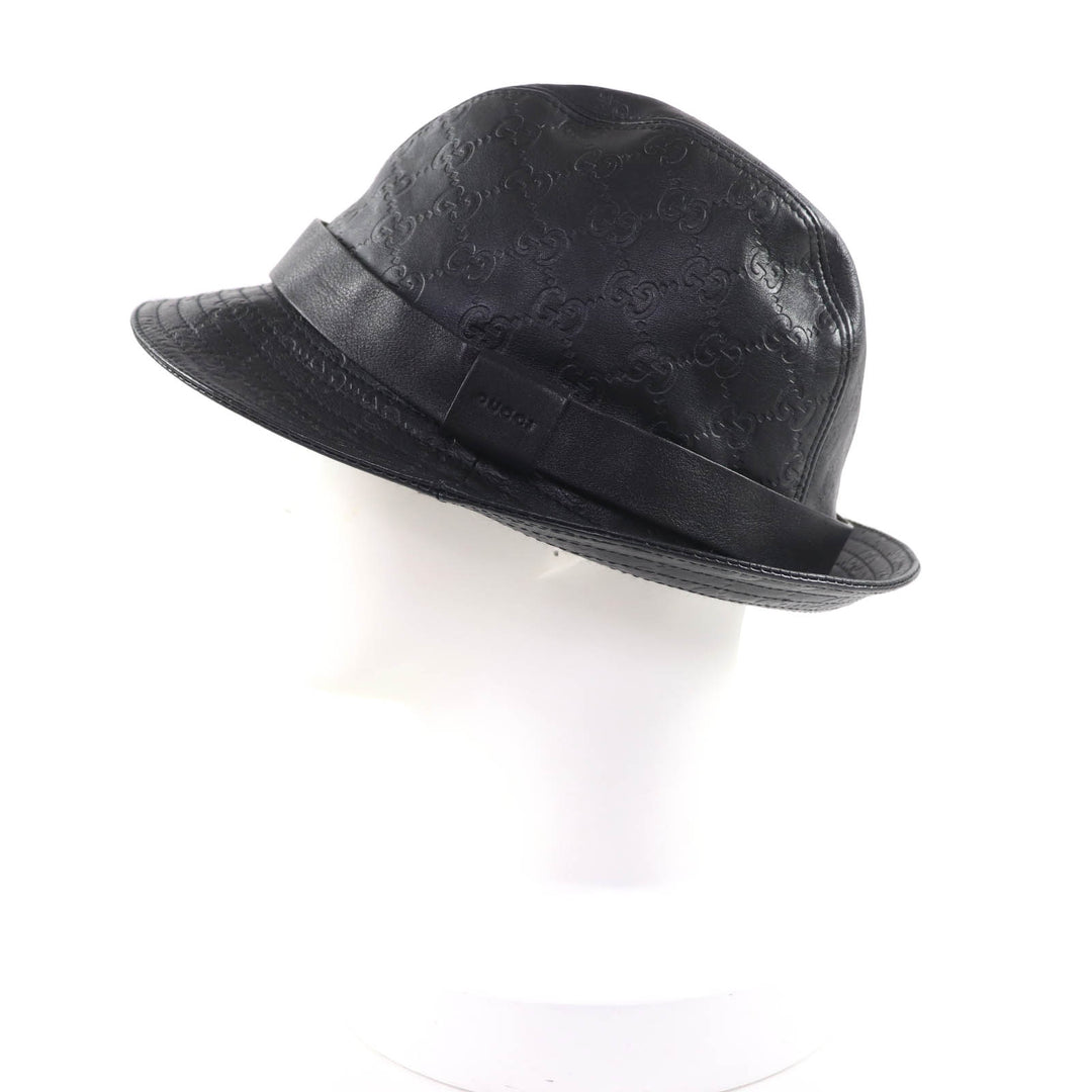 Excellent GUCCI hat Guccissima GGPattern Leather black Cowhide Women L 023441