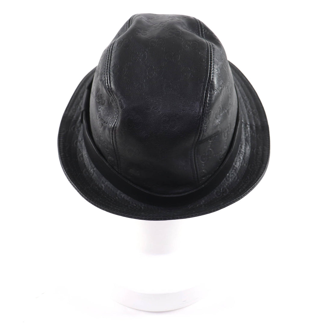 Excellent GUCCI hat Guccissima GGPattern Leather black Cowhide Women L 023441