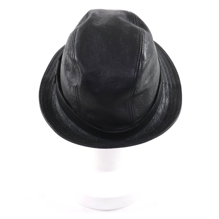 Excellent GUCCI hat Guccissima GGPattern Leather black Cowhide Women L 023441