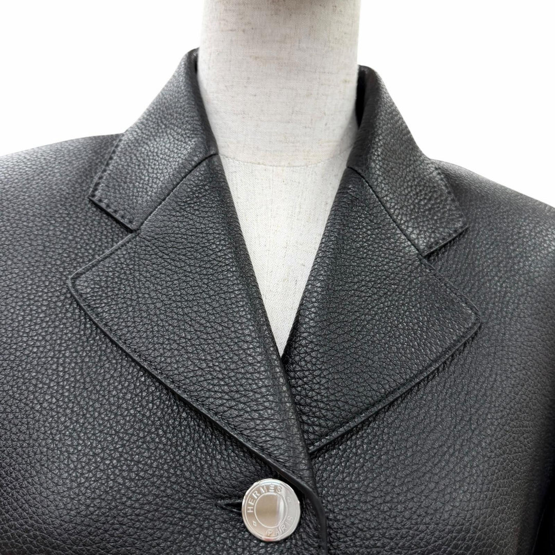 Excellent HERMES leather jacket Serie Button Riding Jacket black Dearskin 38