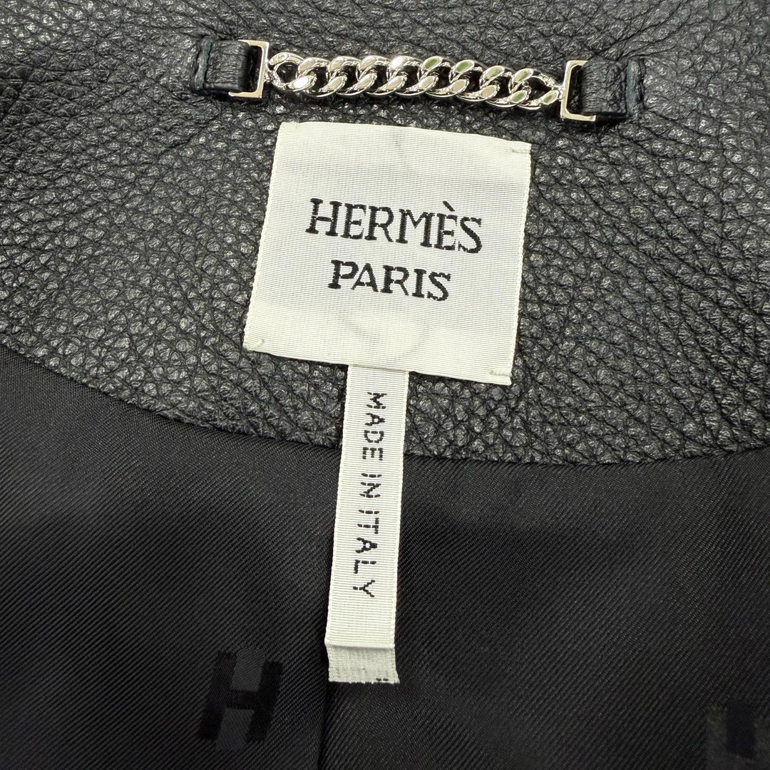 Excellent HERMES leather jacket Serie Button Riding Jacket black Dearskin 38