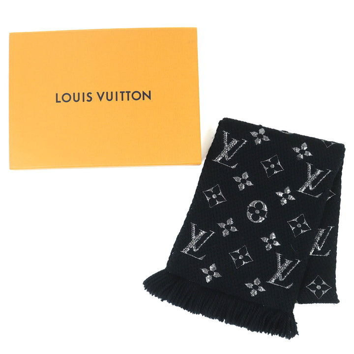 Excellent LOUIS VUITTON Scarf Escalp Logo Mania Shine Monogram Noir M75833