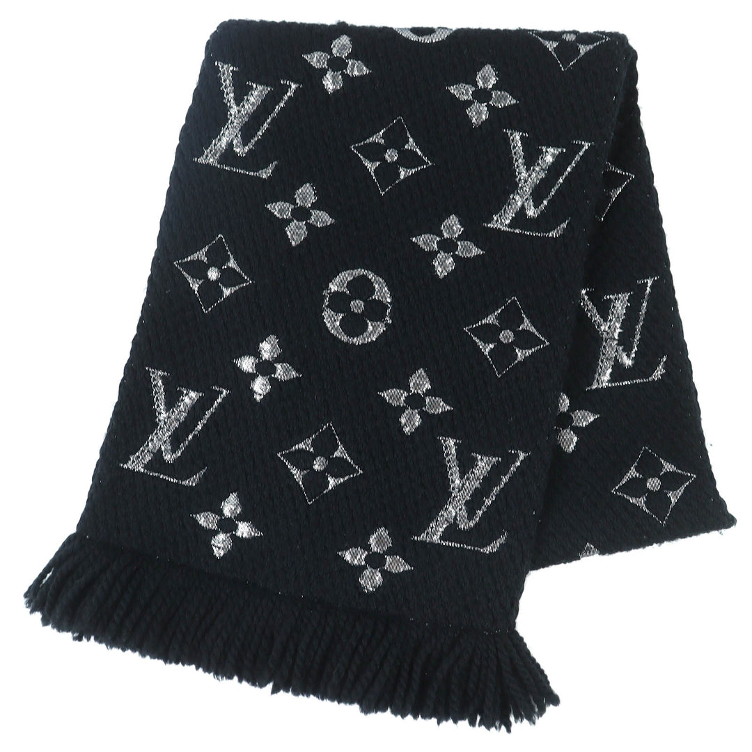 Excellent LOUIS VUITTON Scarf Escalp Logo Mania Shine Monogram Noir M75833
