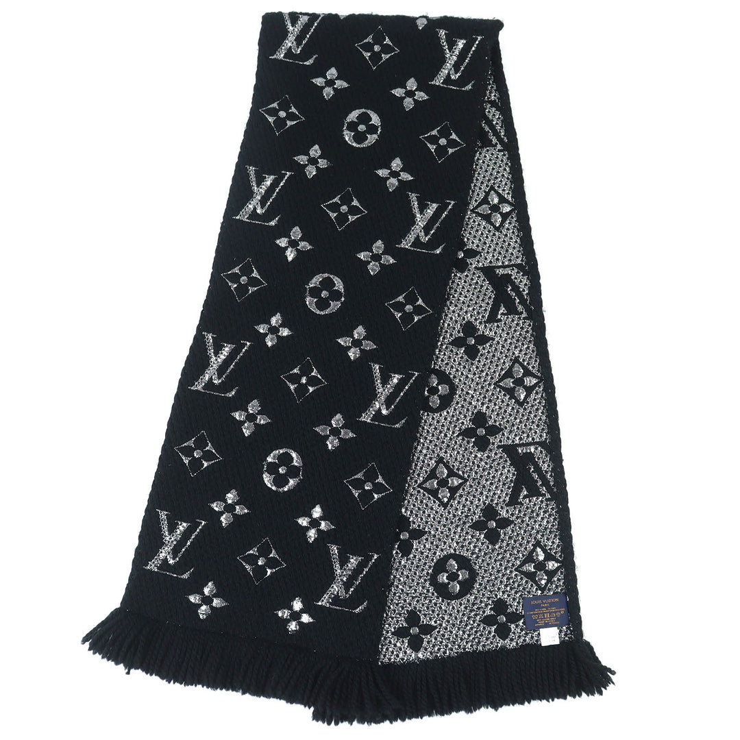 Excellent LOUIS VUITTON Scarf Escalp Logo Mania Shine Monogram Noir M75833