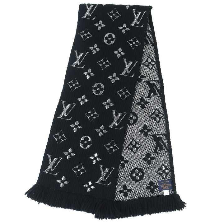 Excellent LOUIS VUITTON Scarf Escalp Logo Mania Shine Monogram Noir M75833