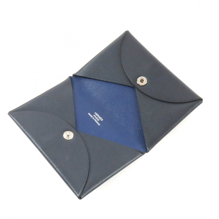 Excellent HERMES Card Case Calvi Dark navy Swift Women