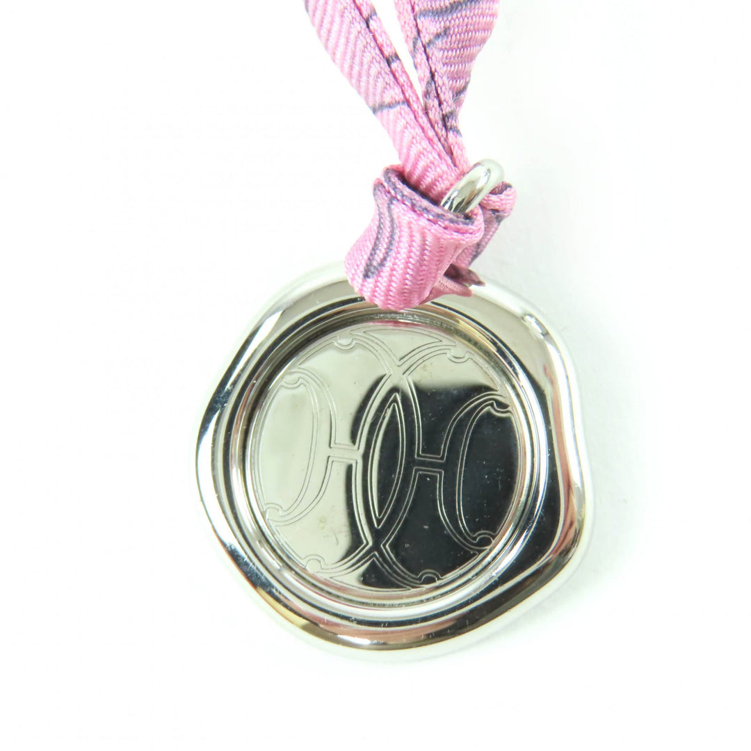 Excellent HERMES Necklace H Motif Medal Tourbillon Silk Cord Silver silk Women
