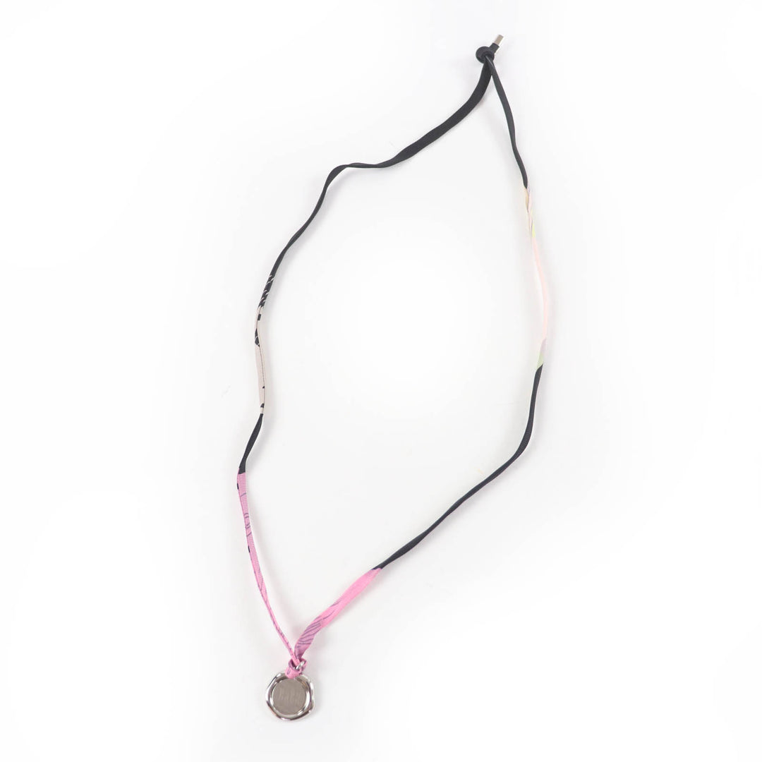 Excellent HERMES Necklace H Motif Medal Tourbillon Silk Cord Silver silk Women