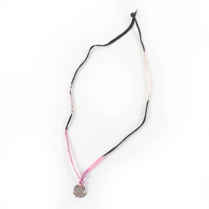 Excellent HERMES Necklace H Motif Medal Tourbillon Silk Cord Silver silk Women