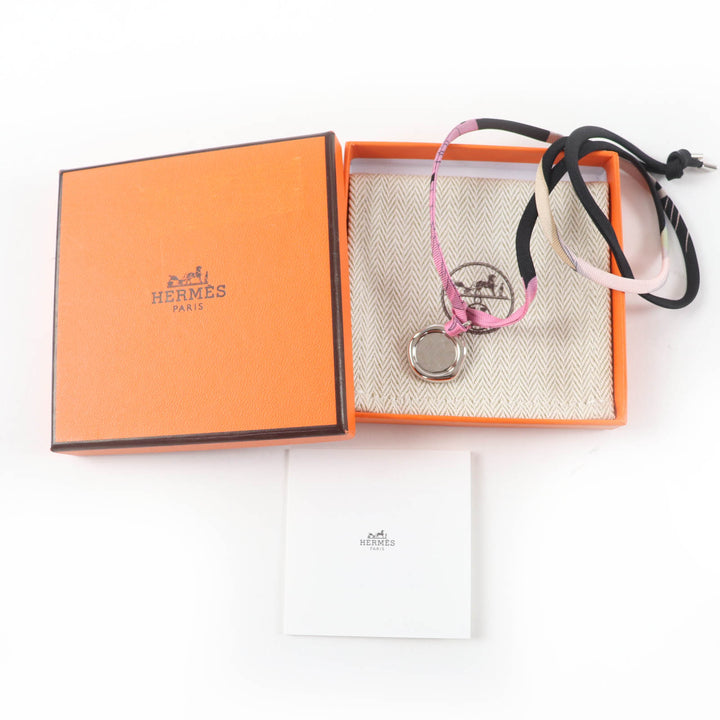 Excellent HERMES Necklace H Motif Medal Tourbillon Silk Cord Silver silk Women