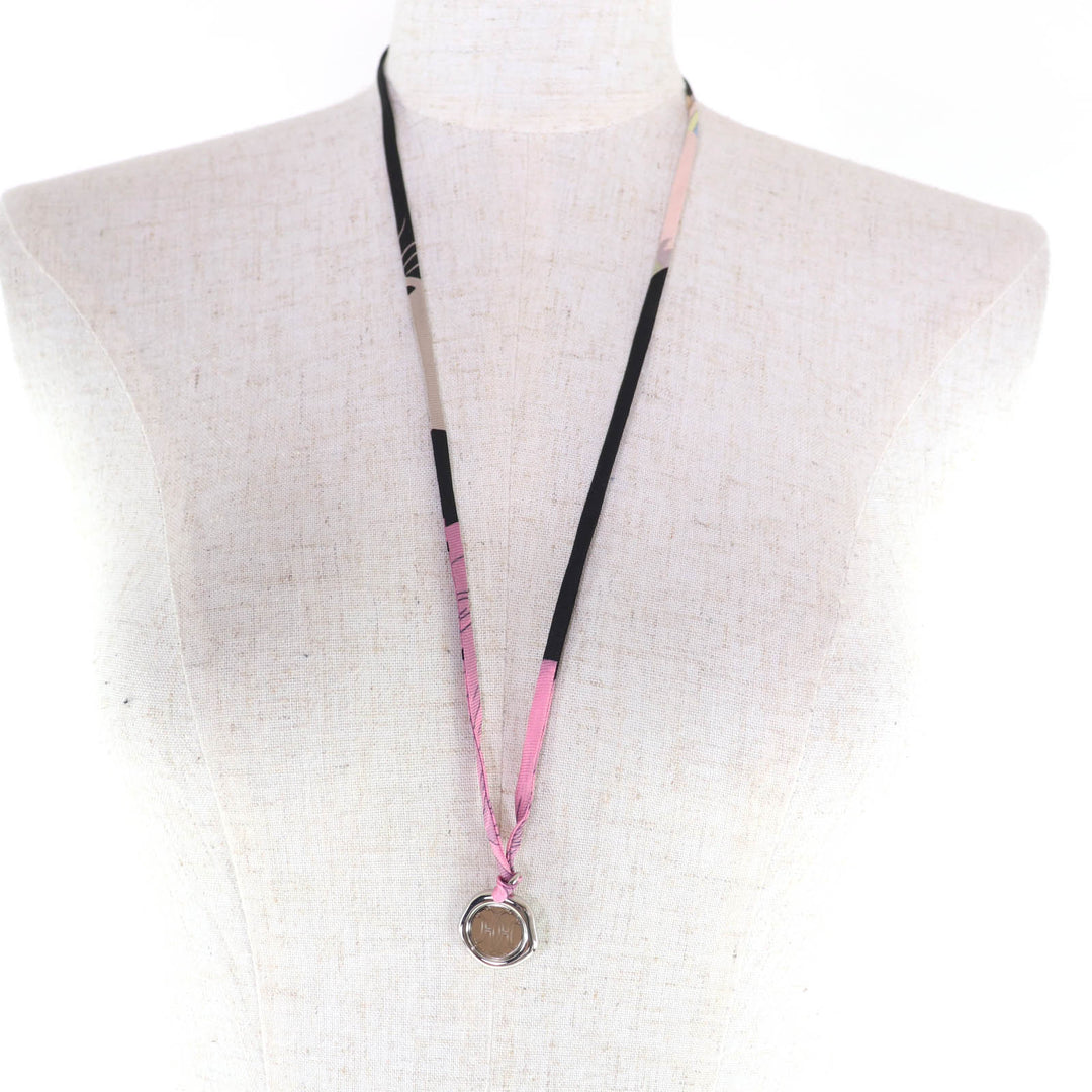 Excellent HERMES Necklace H Motif Medal Tourbillon Silk Cord Silver silk Women