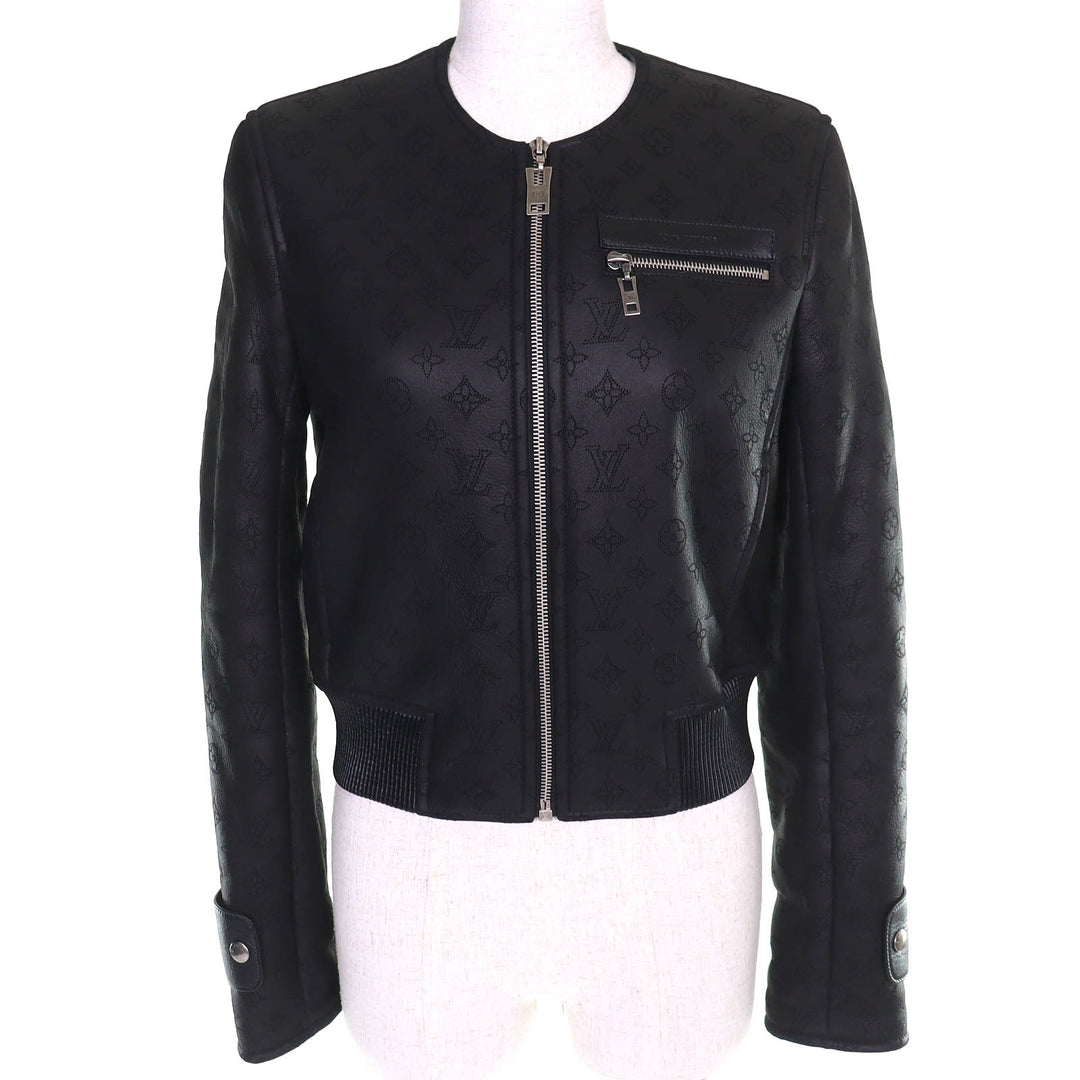 Excellent LOUIS VUITTON Monogram collarless smooth leather shearling jacket 34
