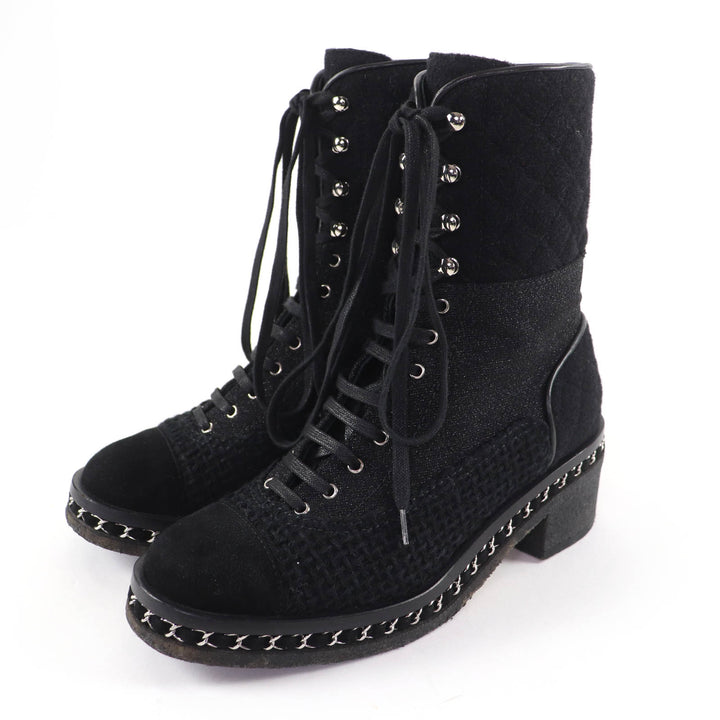 Great CHANEL short boots COCO Mark Matelassé Tweed Combat Boots black 39 G32142