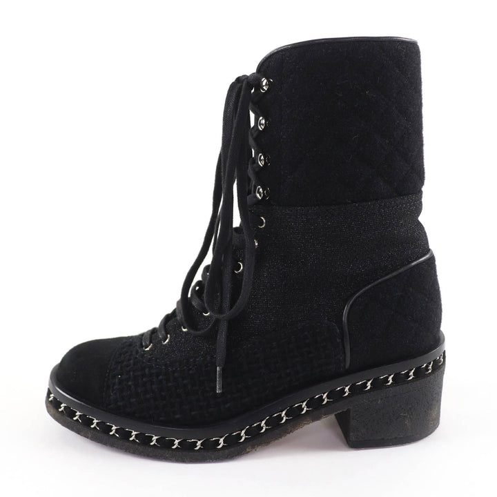 Great CHANEL short boots COCO Mark Matelassé Tweed Combat Boots black 39 G32142