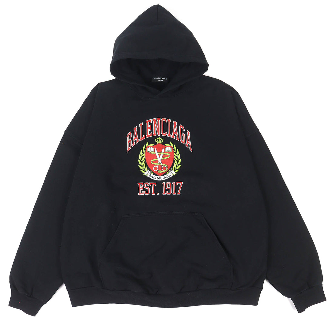 Great BALENCIAGA hoodie Distressed college logo print black cotton mens 2 674986
