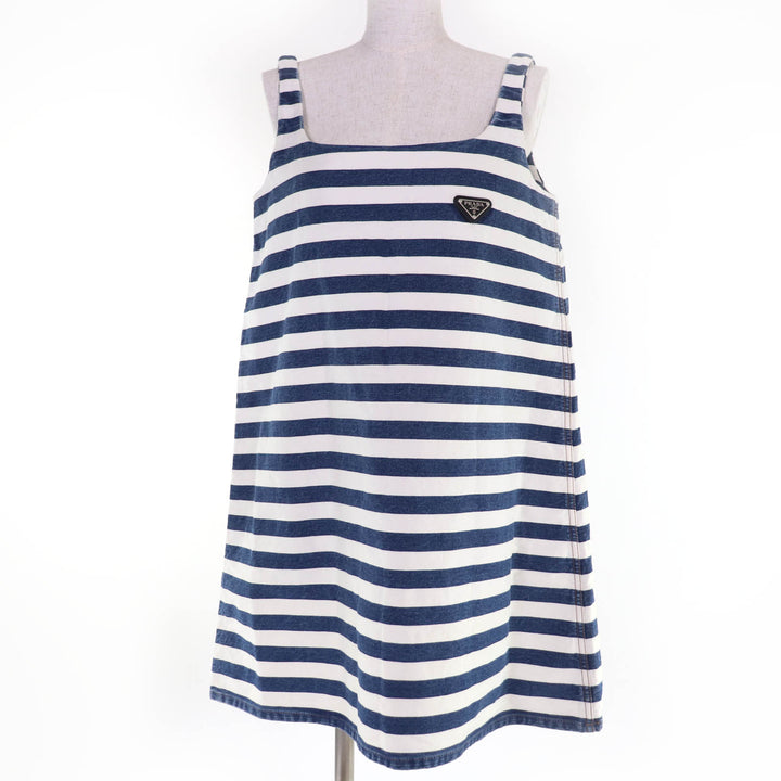 Excellent PRADA one piece Triangle logo organic cotton denim sleeveless top 40