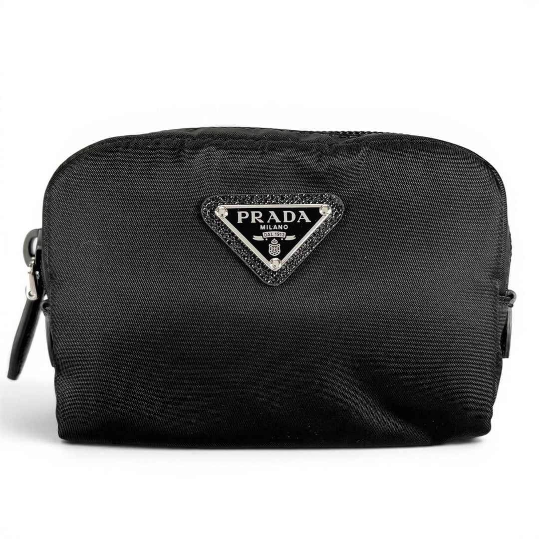 Excellent PRADA Pouch Re-Nylon Triangle Logo Cosmetic Pouch black Nylon Women