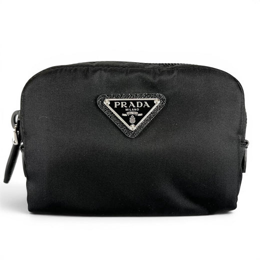 Excellent PRADA Pouch Re-Nylon Triangle Logo Cosmetic Pouch black Nylon Women