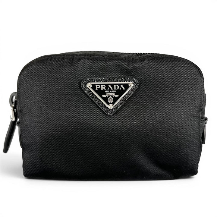 Excellent PRADA Pouch Re-Nylon Triangle Logo Cosmetic Pouch black Nylon Women