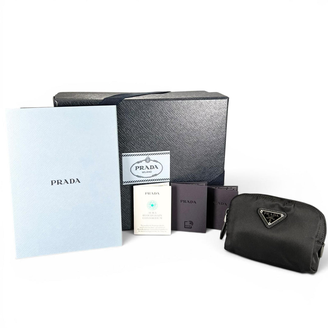 Excellent PRADA Pouch Re-Nylon Triangle Logo Cosmetic Pouch black Nylon Women