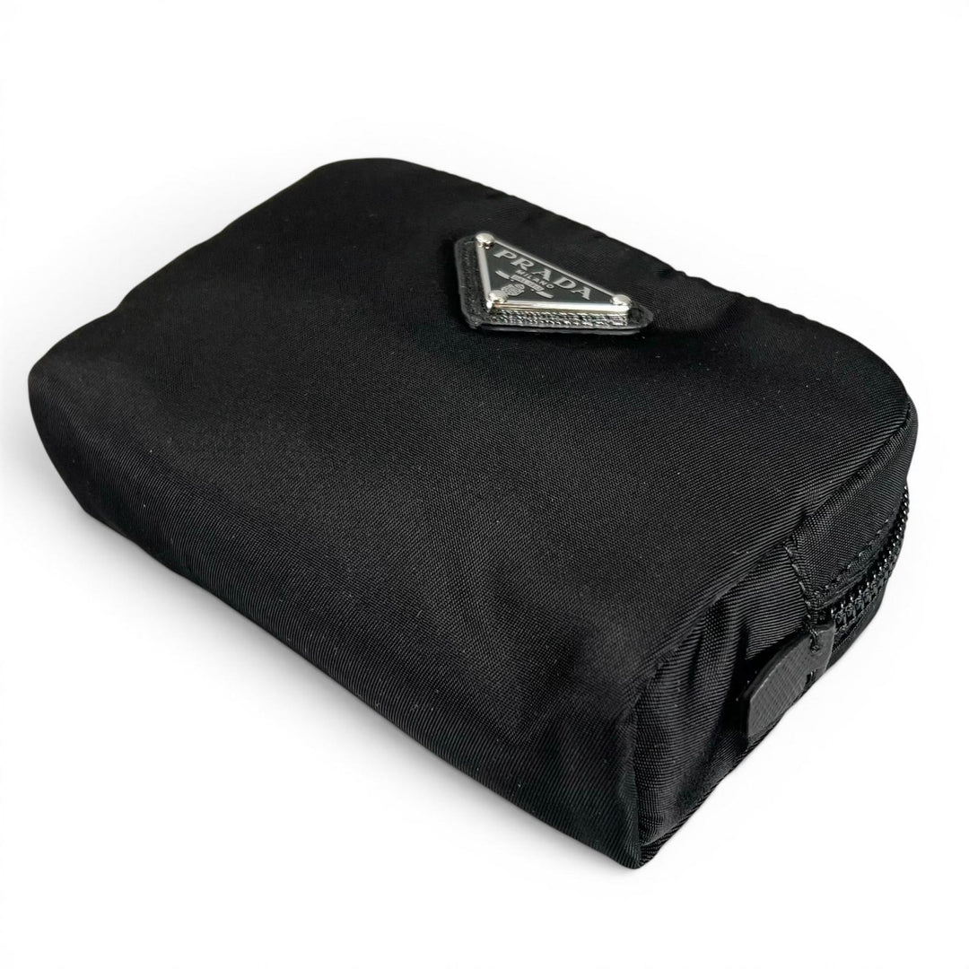 Excellent PRADA Pouch Re-Nylon Triangle Logo Cosmetic Pouch black Nylon Women