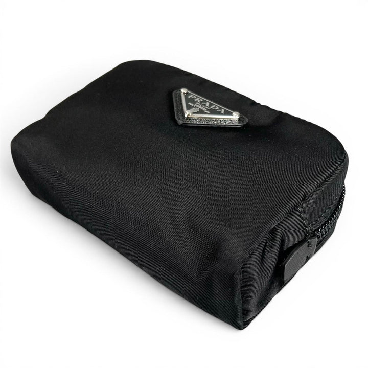Excellent PRADA Pouch Re-Nylon Triangle Logo Cosmetic Pouch black Nylon Women