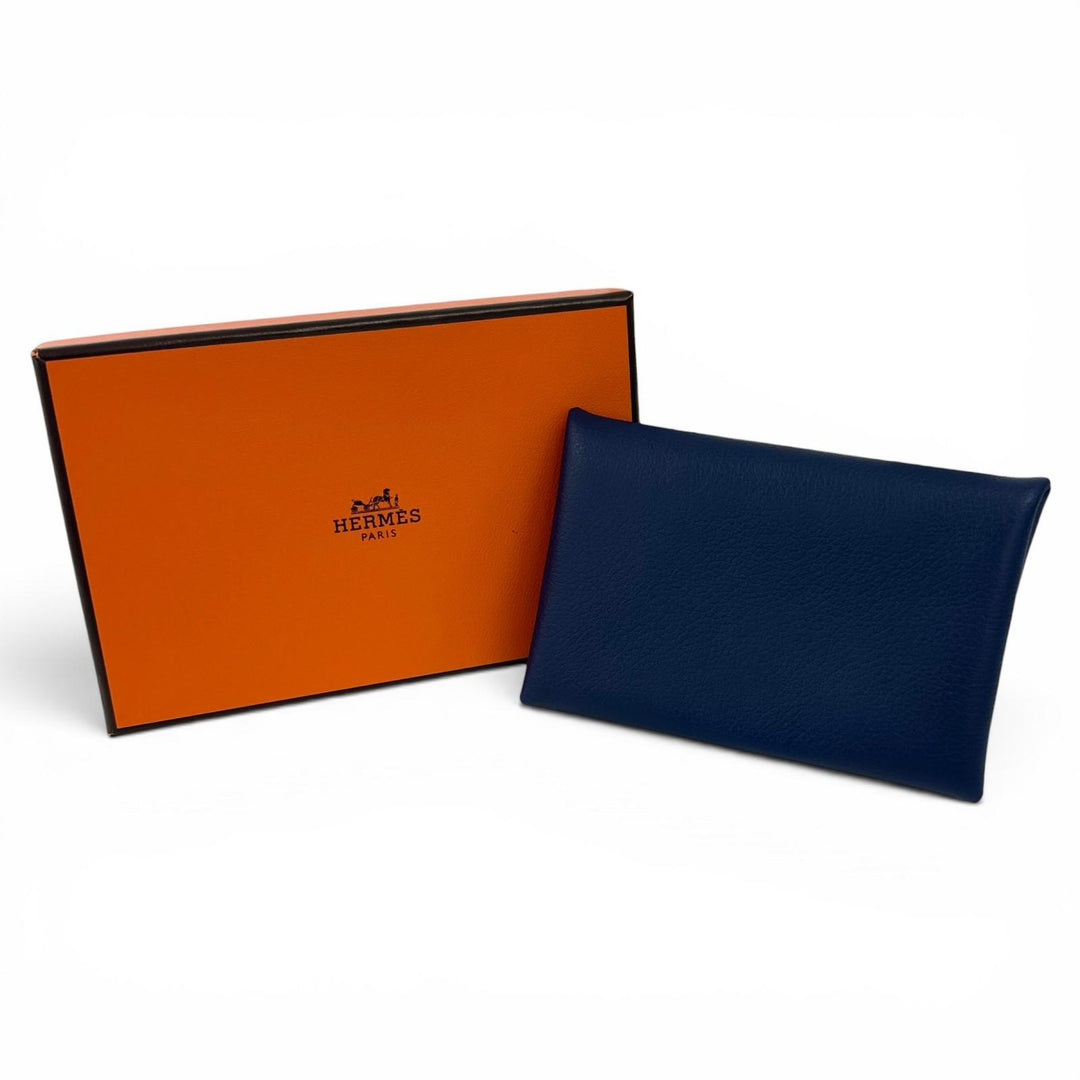 Excellent HERMES Calvi Duo Compact Verso Card Case blue Evercolor Leather Women