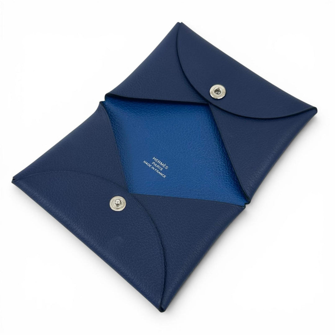 Excellent HERMES Calvi Duo Compact Verso Card Case blue Evercolor Leather Women