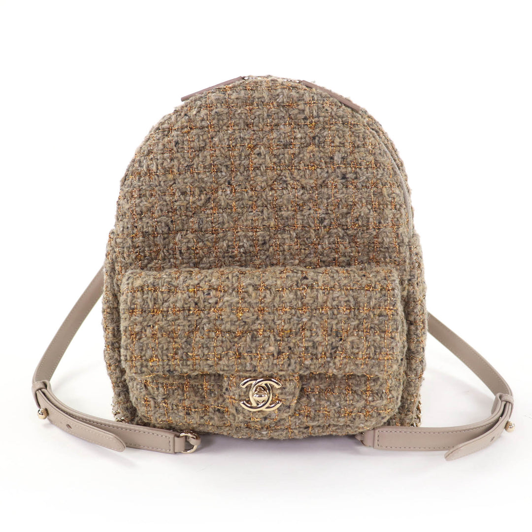 Excellent CHANEL Backpack COCO Mark Turnlock Matelasse Tweed Chainshoulder