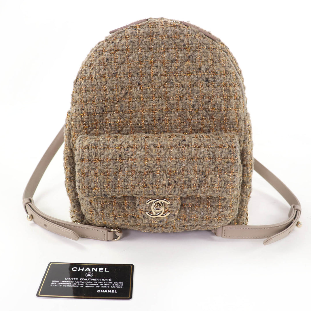 Excellent CHANEL Backpack COCO Mark Turnlock Matelasse Tweed Chainshoulder