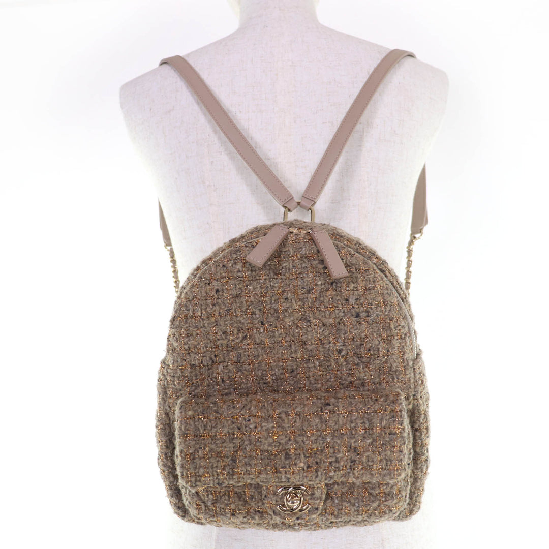 Excellent CHANEL Backpack COCO Mark Turnlock Matelasse Tweed Chainshoulder