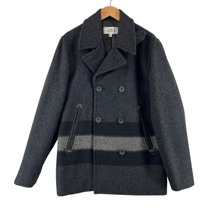 Excellent COACH pea coat, leather trim, striped Dark gray mens M F86518
