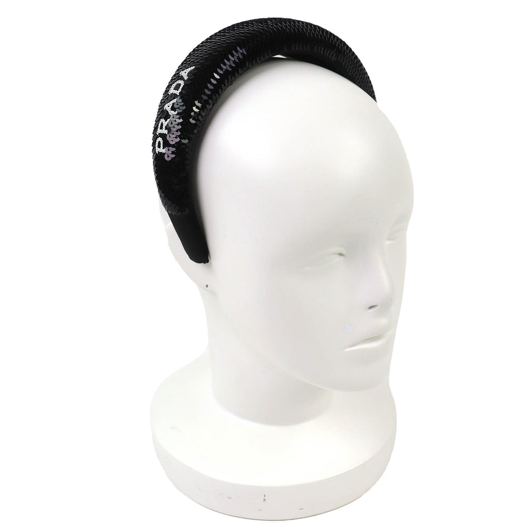 Excellent PRADA hair accessory Logo Sequin Headband Hairband black Women 1IH019