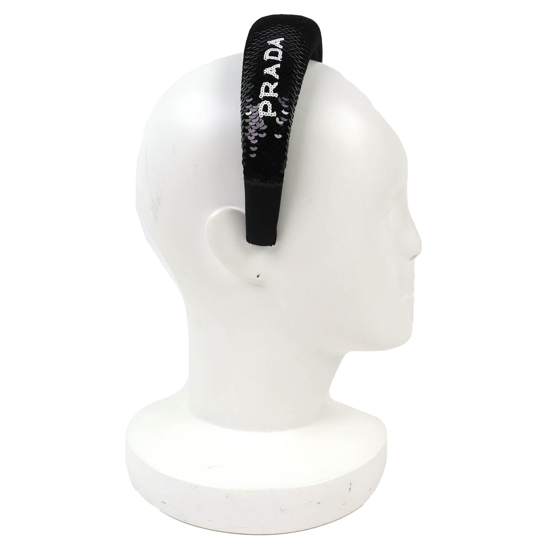 Excellent PRADA hair accessory Logo Sequin Headband Hairband black Women 1IH019