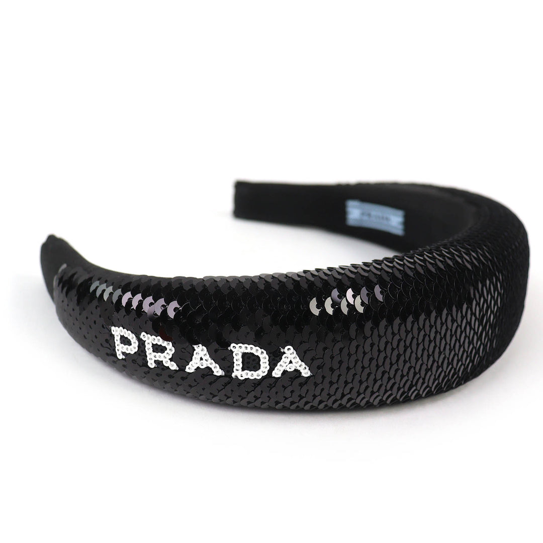 Excellent PRADA hair accessory Logo Sequin Headband Hairband black Women 1IH019