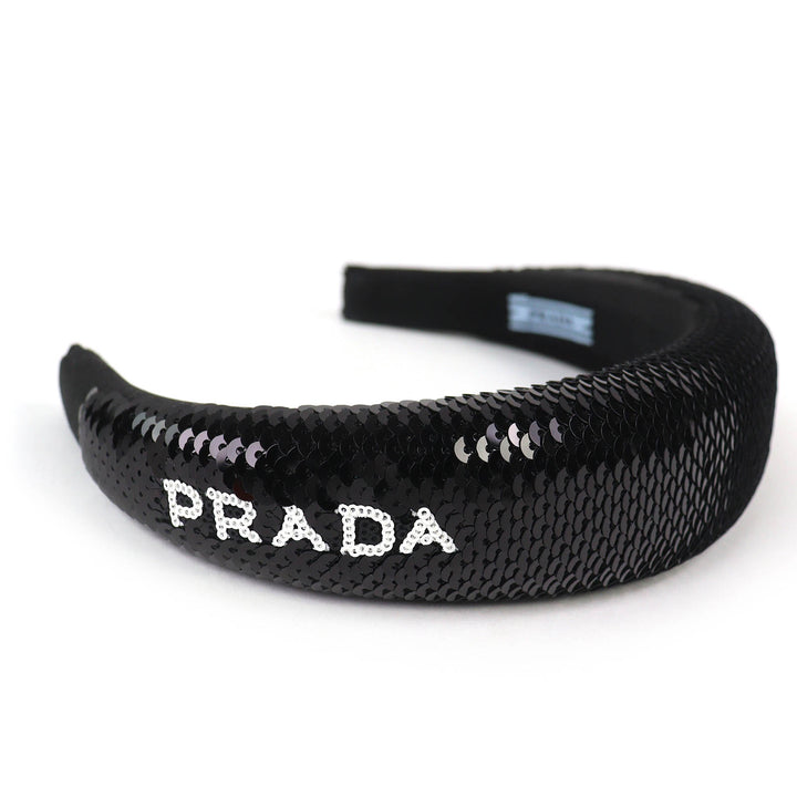 Excellent PRADA hair accessory Logo Sequin Headband Hairband black Women 1IH019