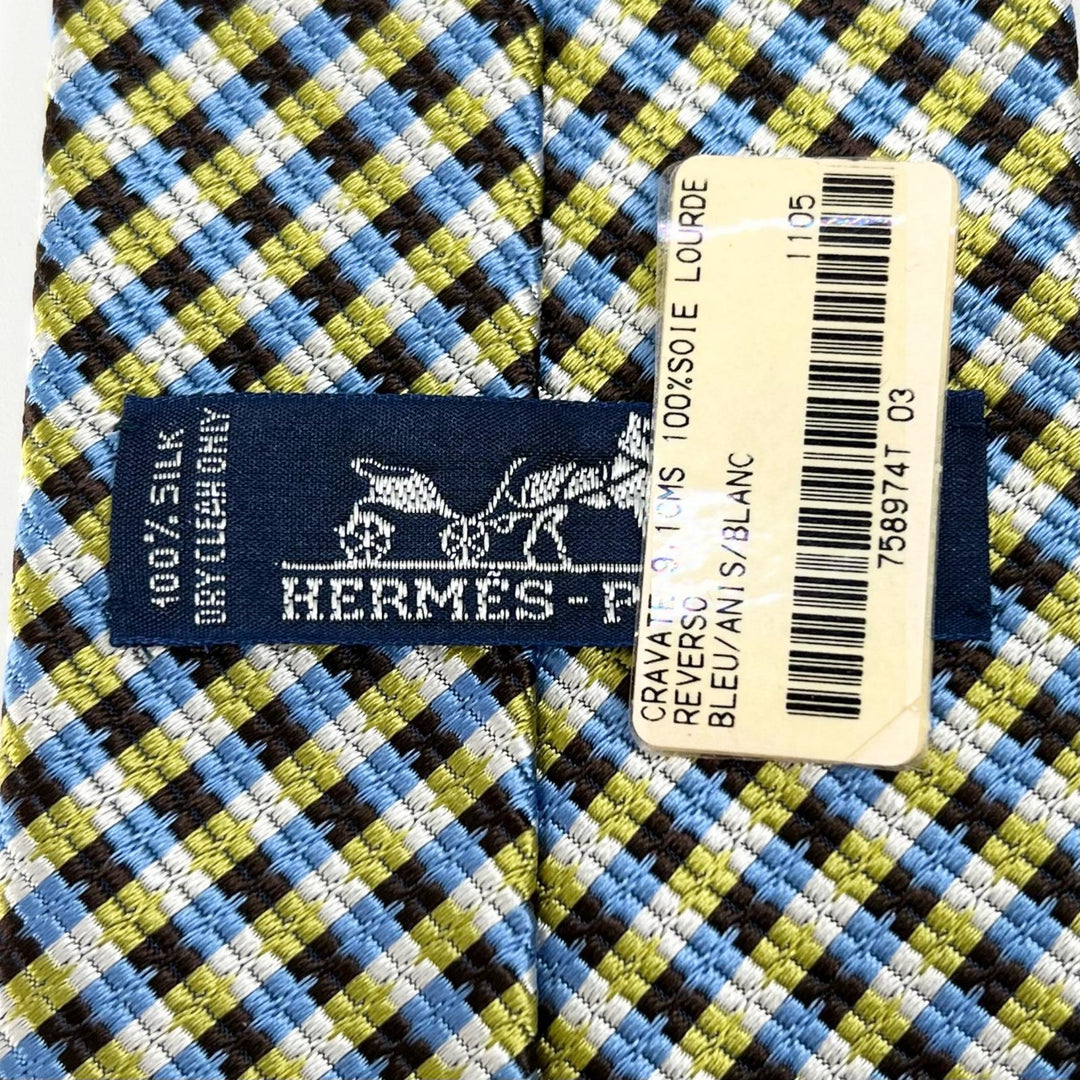 Pristine HERMES tie Check Pattern multicolor silk mens 758974T
