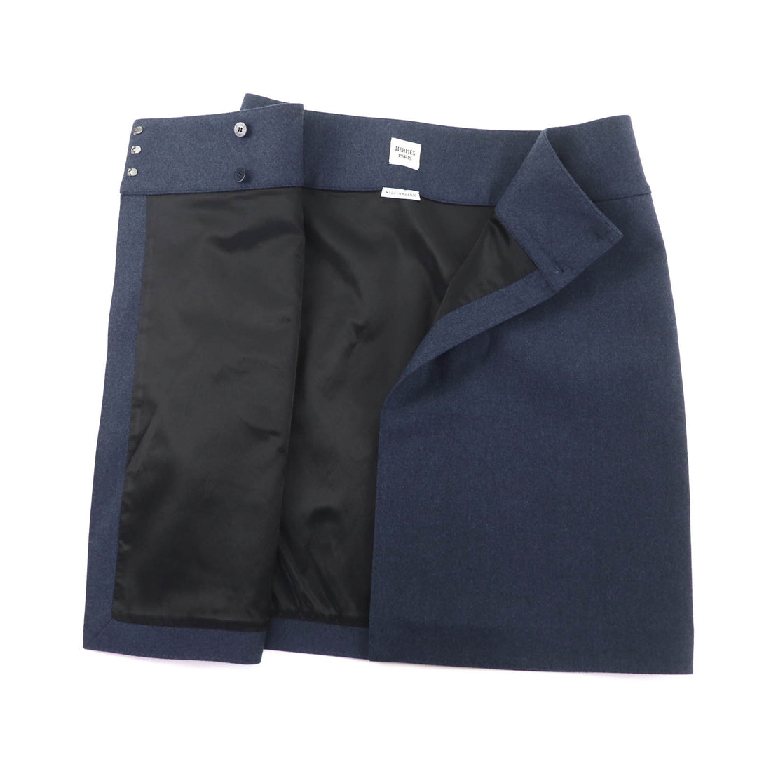 Excellent HERMES Wrap skirt trapezoid knee length Navy wool Women 34