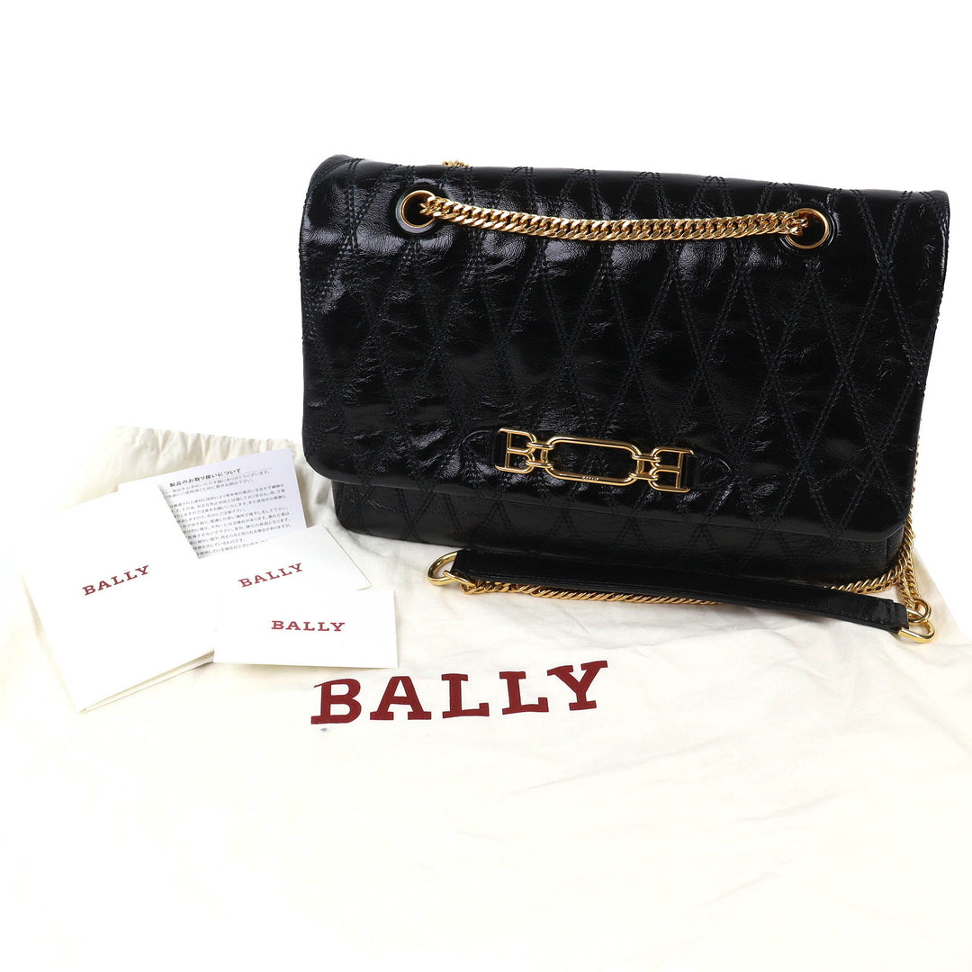 Pristine BALLY Shoulder Bag VIVA SM Viva Logo Metal Curb Chain black leather