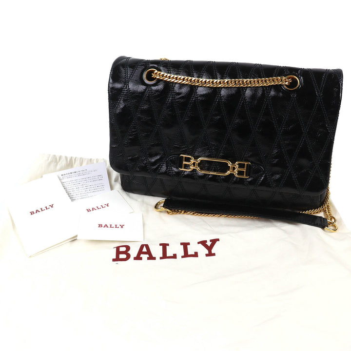 Pristine BALLY Shoulder Bag VIVA SM Viva Logo Metal Curb Chain black leather
