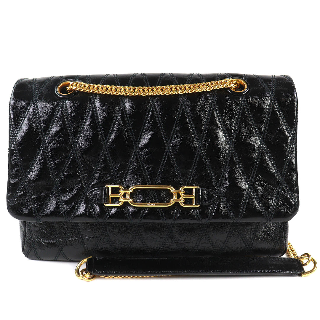 Pristine BALLY Shoulder Bag VIVA SM Viva Logo Metal Curb Chain black leather