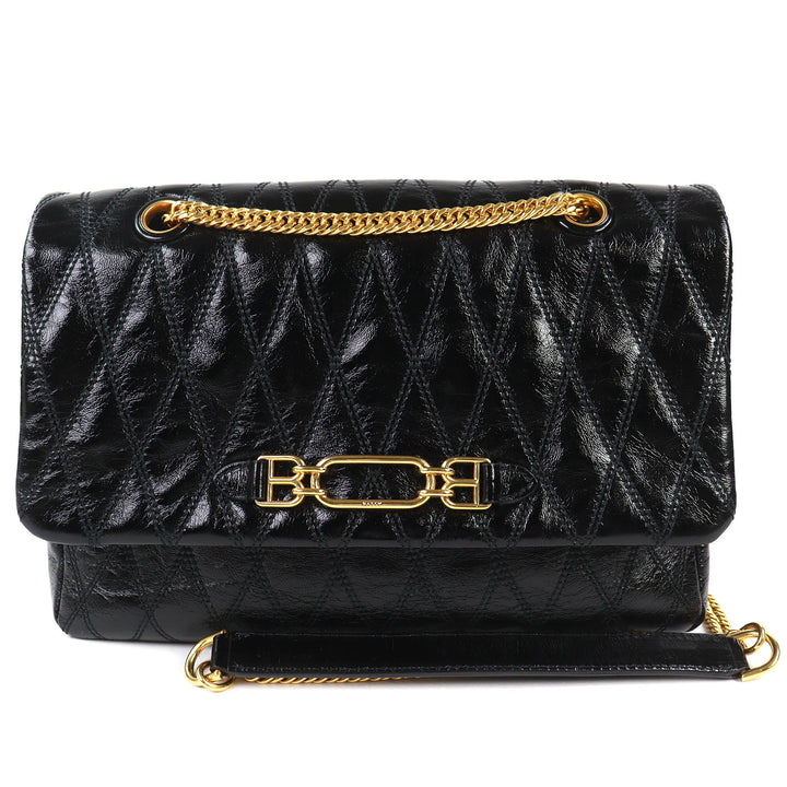 Pristine BALLY Shoulder Bag VIVA SM Viva Logo Metal Curb Chain black leather