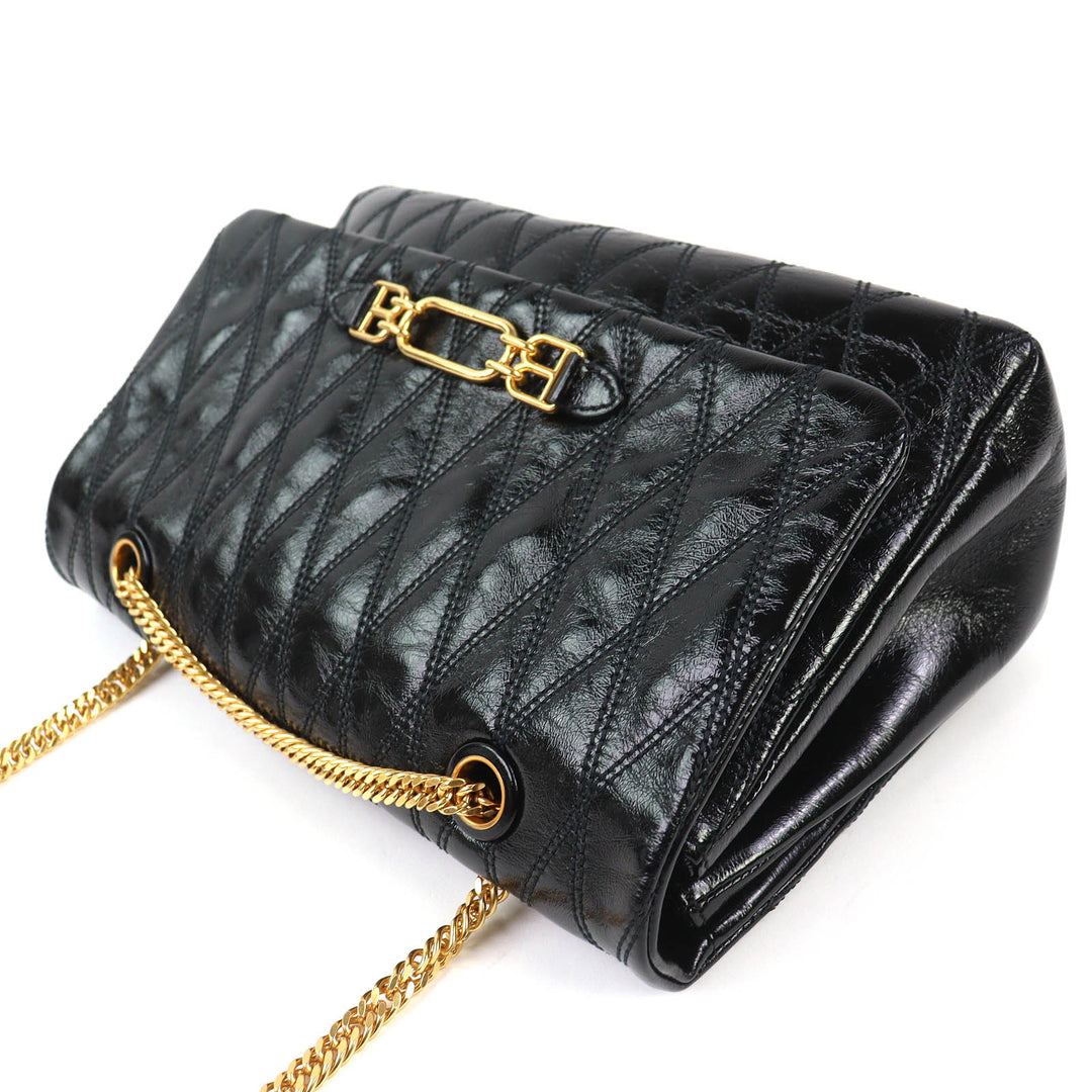 Pristine BALLY Shoulder Bag VIVA SM Viva Logo Metal Curb Chain black leather