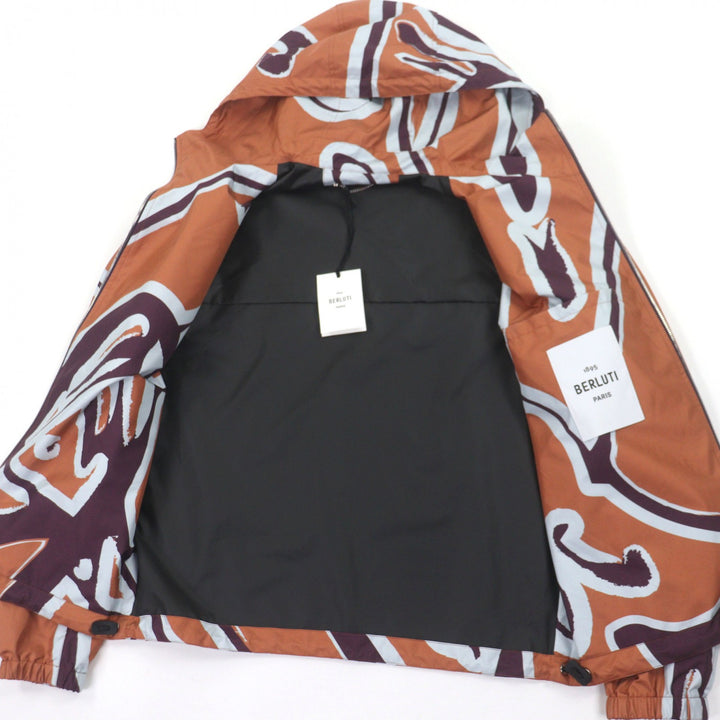 Excellent BERLUTI hoodie PRINTED SILK SCRITTO B-WAY Brown silk mens 46 R22OBU84