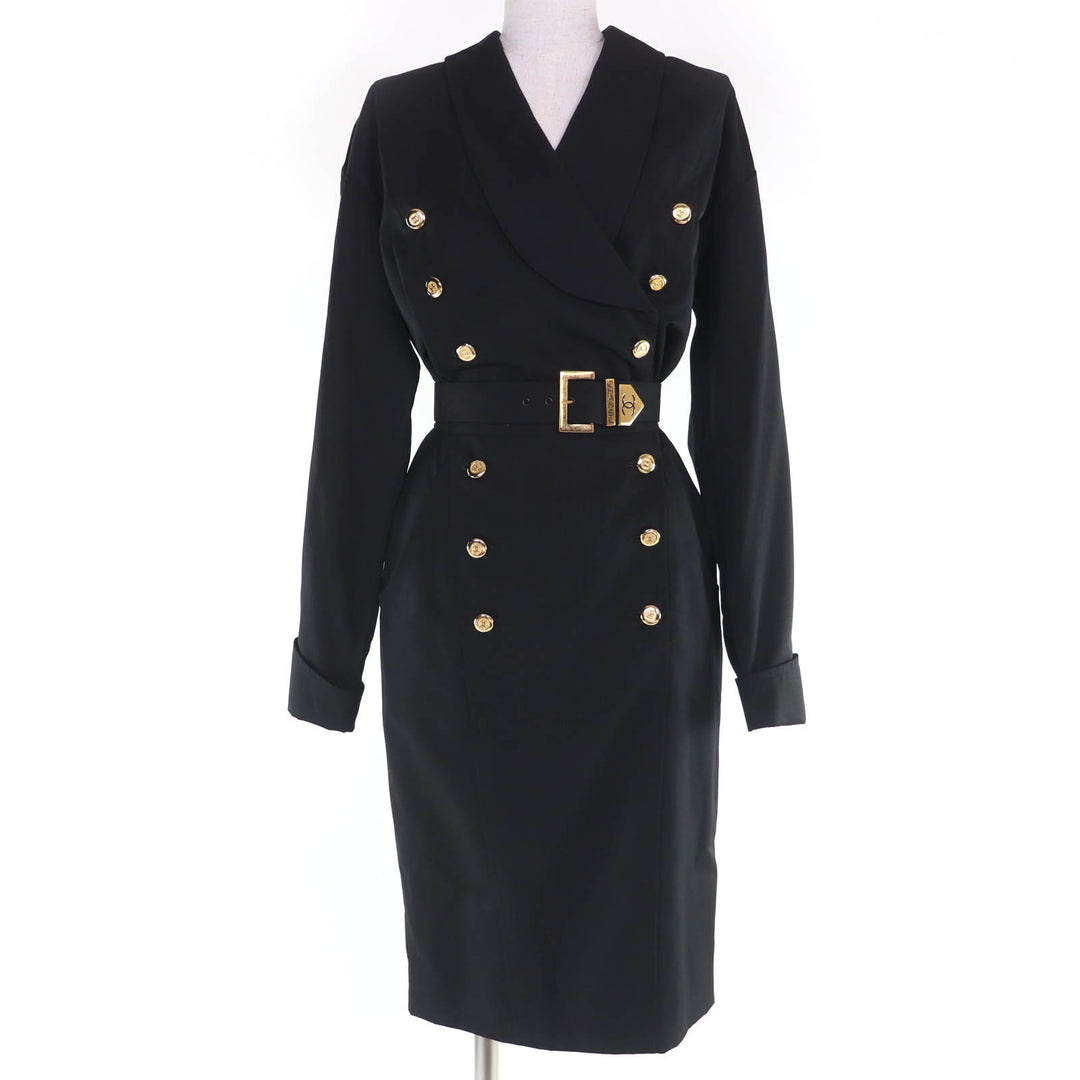 Great CHANEL one piece COCO Mark Button Belted Long Sleeve Tight black 34 23572