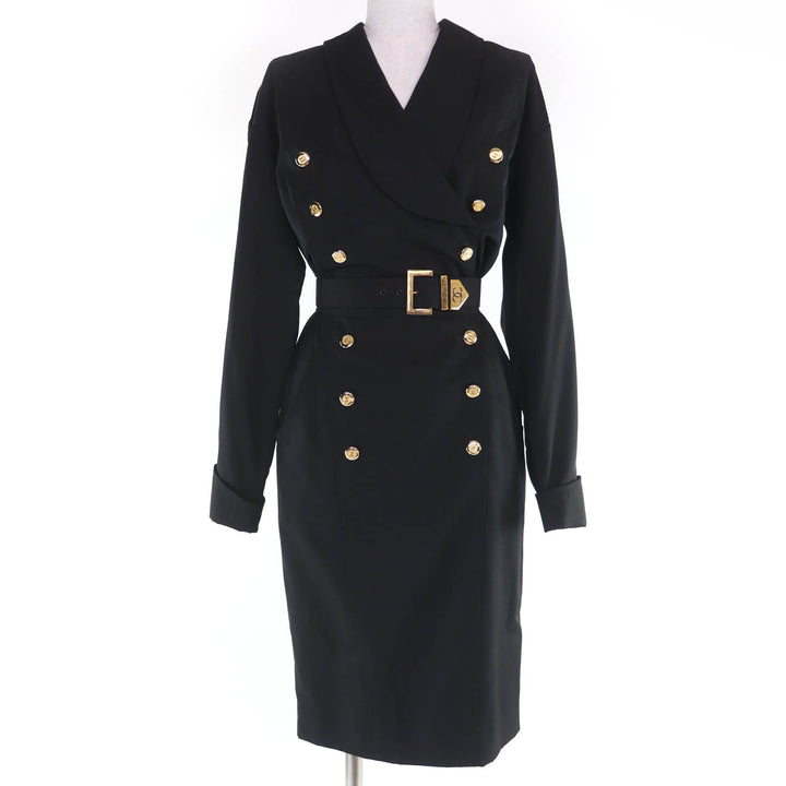 Great CHANEL one piece COCO Mark Button Belted Long Sleeve Tight black 34 23572